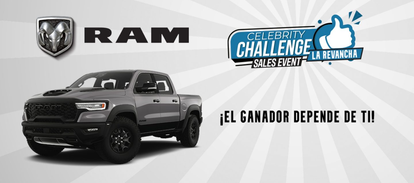 Logo de Ram junto al logo del evento de Celebrity Challenge Sales event Revancha color azul. Pickup Ram color gris con background color gris claro.