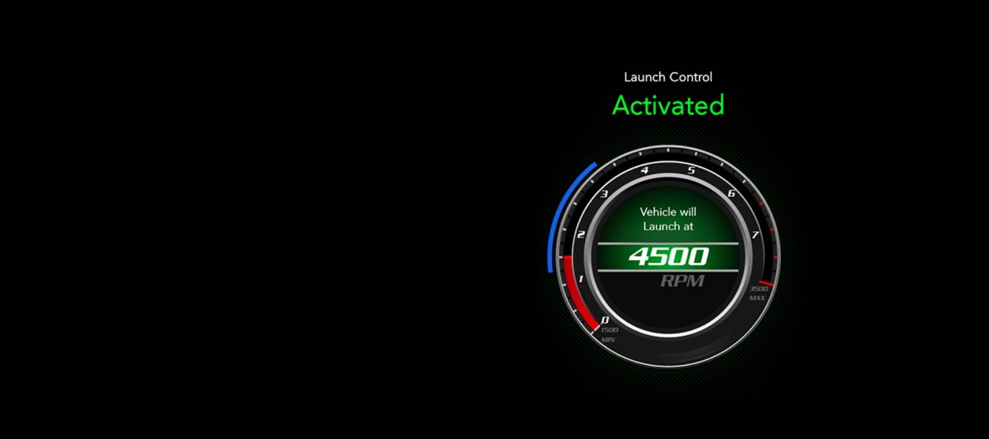 La pantalla de control de arranque mostrando las palabras: Control de arranque activado. El vehículo arrancará a 4500 rpm.