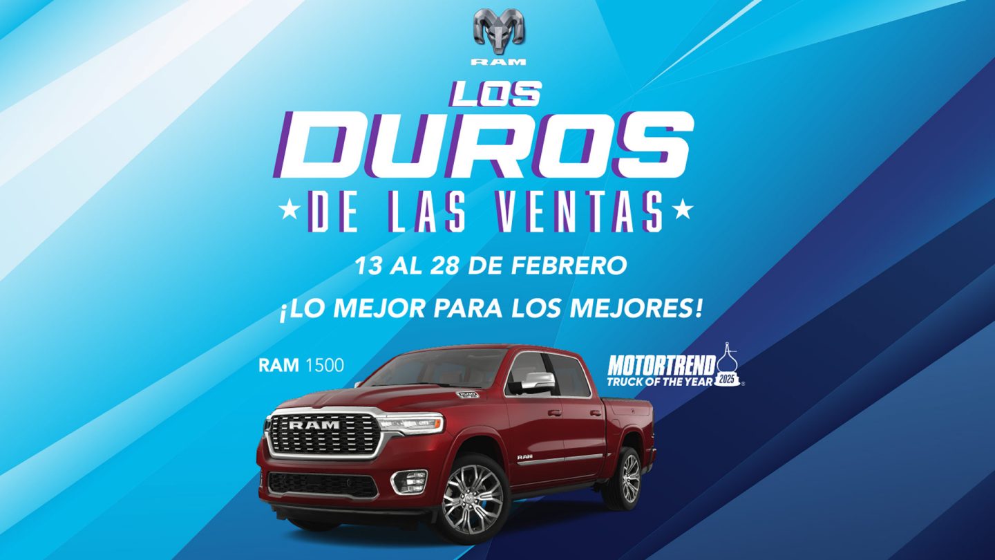 Background con tonos de color azul, logo de la campaña “Los Duros de las Ventas” 1 modelo Ram ( Ram 1500) con logo de MotorTrend acompañados por Jacky Fontanez. En el inferior botones de Test Drive y Concesionarios.