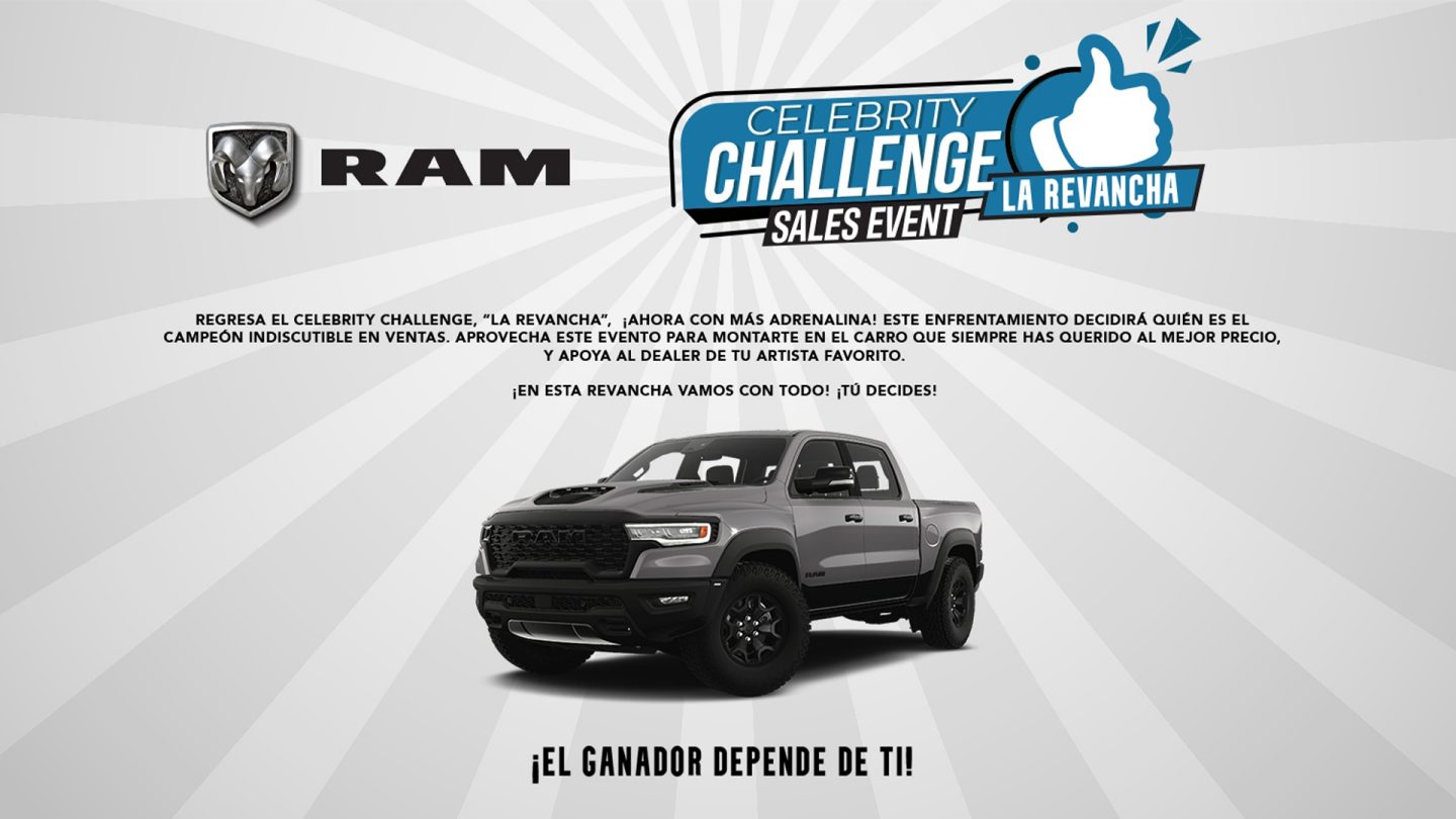 Logo de Ram junto al logo del evento de Celebrity Challenge Sales event Revancha color azul. Pickup Ram color gris con background color gris claro. Botones en el fondo de la página con opciones de prueba de manejo o concesionarios.